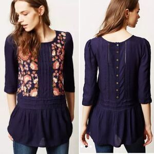 FLOREAT Anthropologie Luana Navy Floral Embroidered Peplum Flowy Blouse Top Sz 0